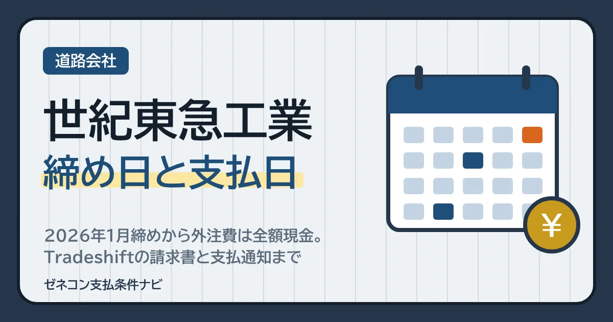 世紀東急工業の締め日と支払日｜2026年1月締めから外注費は全額現金。Tradeshiftの請求書と支払通知まで